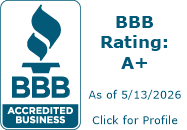 BBB Accredited Business logo with A+ rating, indicating reliability and trustworthiness. Relevant for demonstrating company credibility.